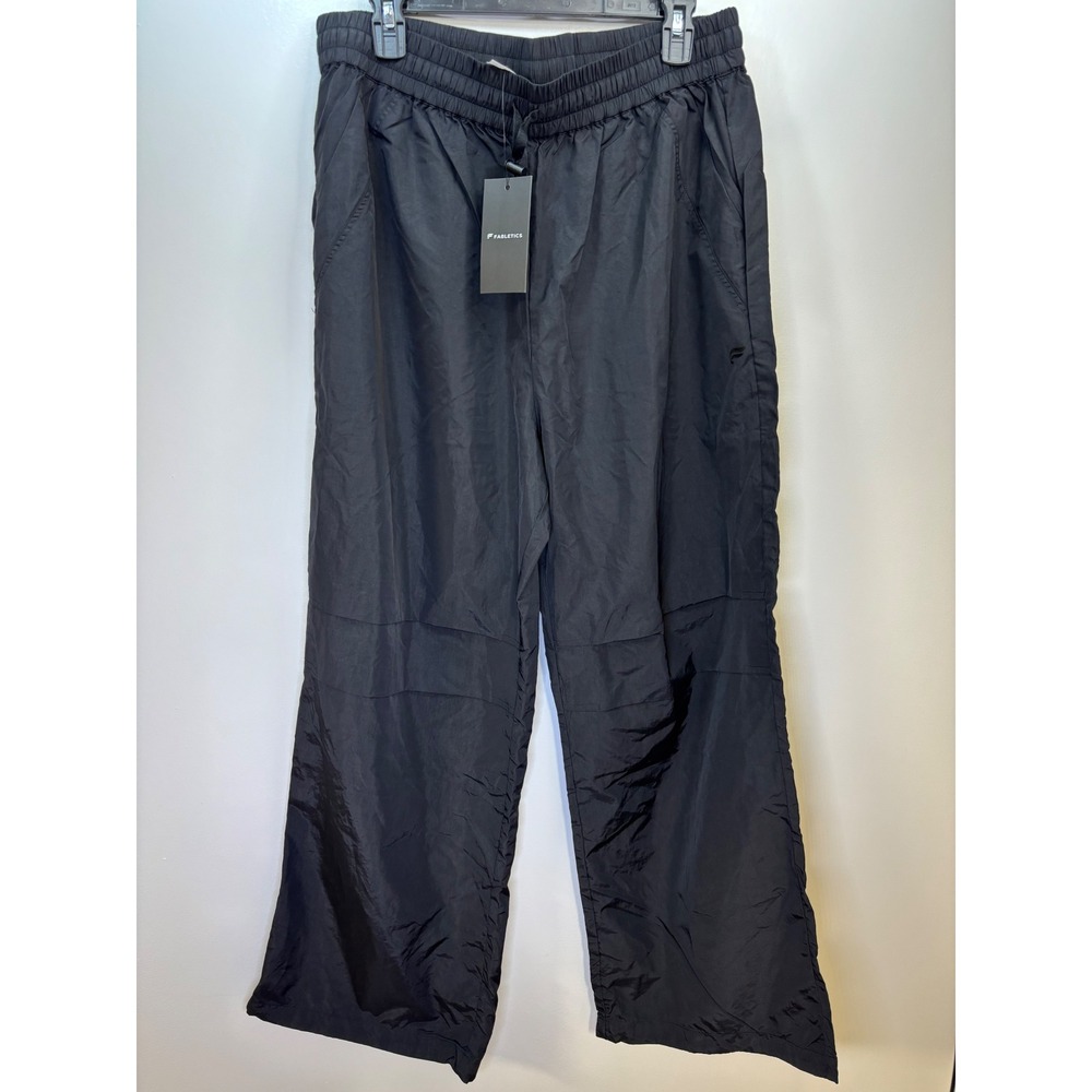 Fabletics Black Nylon Wide Leg Windbreaker Pants Mens Large‎ NWT Drawstring Hem